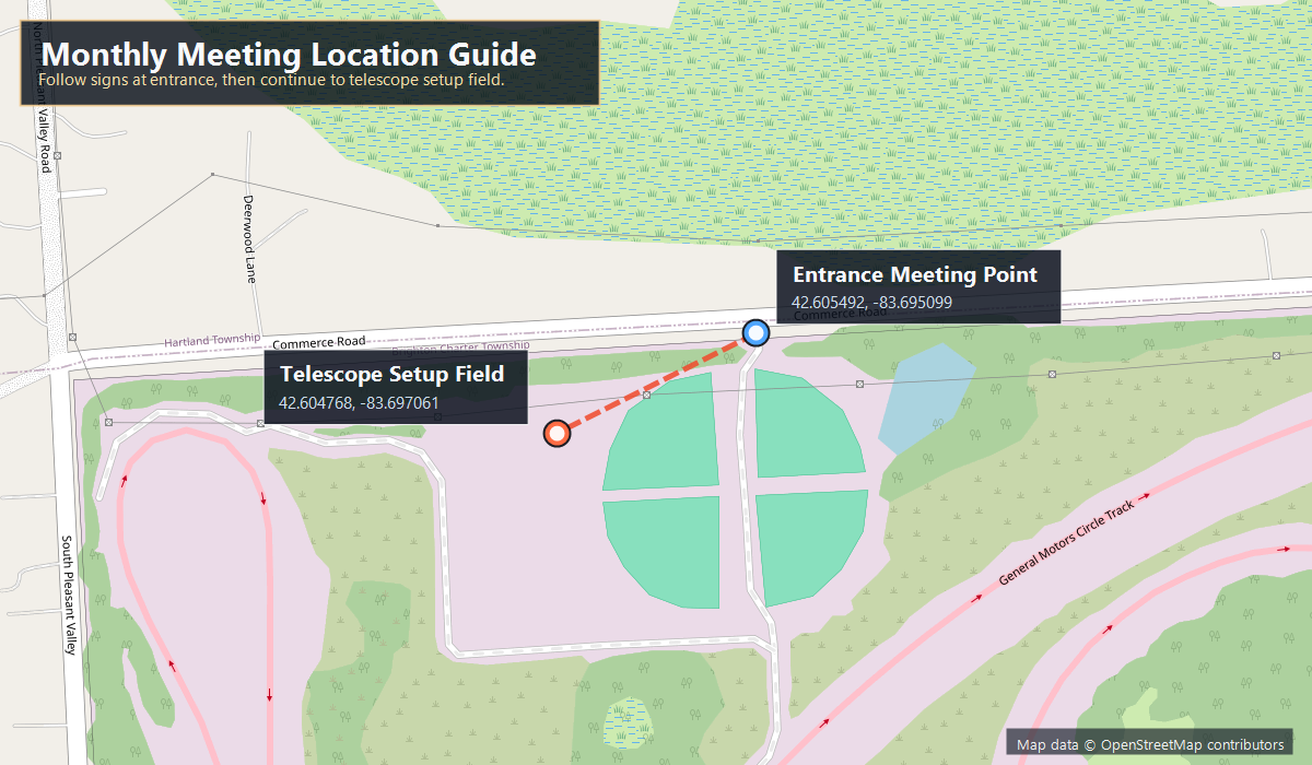 Map showing the monthly meeting entrance point and telescope setup field